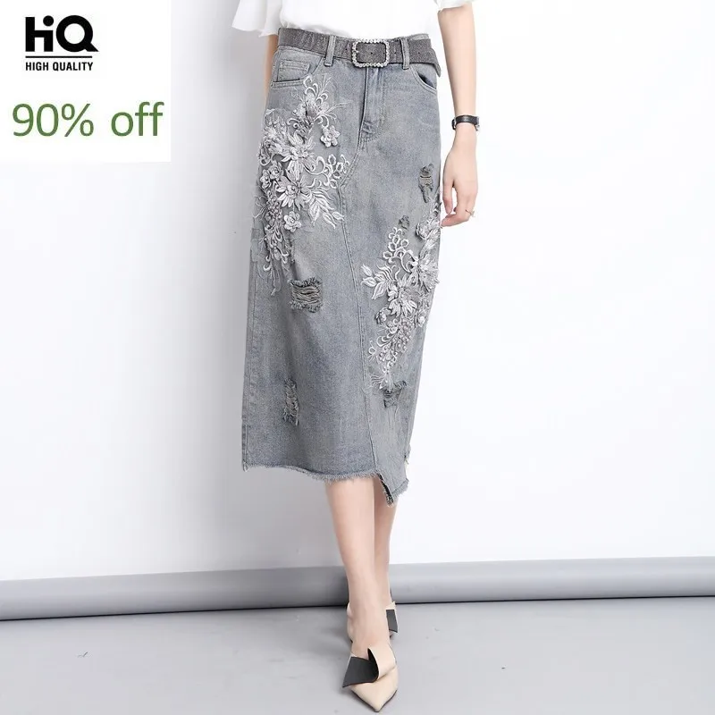 

Fashion Flower Beaded Ripped Hole Denim Skirt Female 2020 Spring Summer High Waist Slim Fit A-Line Wrap Skirt Plus Size 4XL