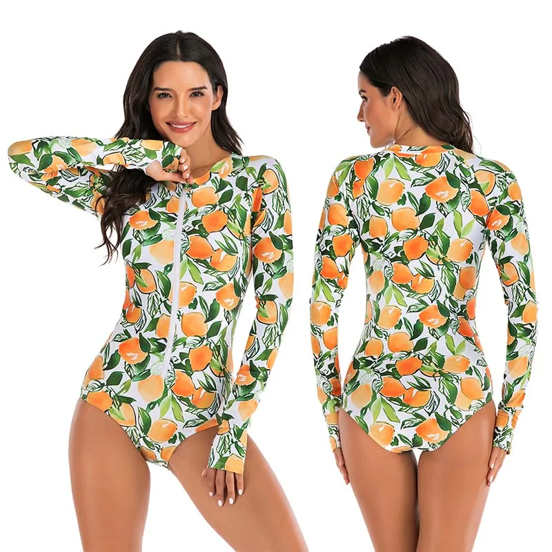 

MUOLUX Women Bodysuit One Piece Swimwear 2019 Retro Print Swimsuit Female Sexy Backless Bathing Suit Long Sleeve Surfing Suits