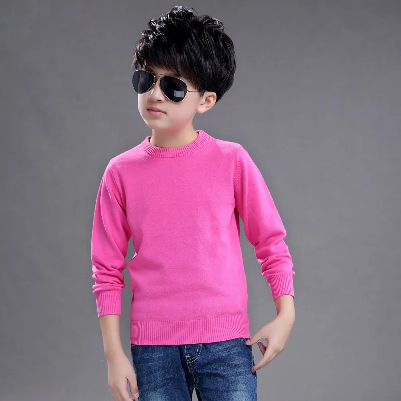 Boy Rose Red O-neck От 4 до 16 лет вязаные свитера для больших мальчиков Одноцветный о-образный вырез трикотаж одежда Детский модный свитер верхняя одежда для маленьких девочек - Цвет: Boy Rose Red O-neck