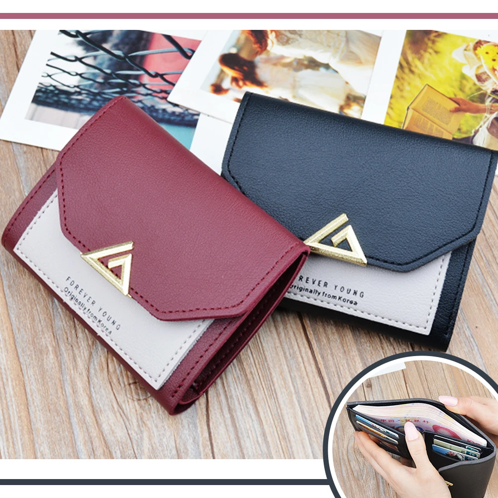 

Grils Small Cute Tri-Fold Hasp Purse Metal Decor Patchwork RFID Snap Wallet Photo Window Women Geometric Designer Cover Clutch