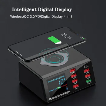 

100W PD QC 3.0 Quick Charger 8 Ports Smart USB Digital Display Charging Dock Station Qi Wireless Fast Charger for iPhone Samsung