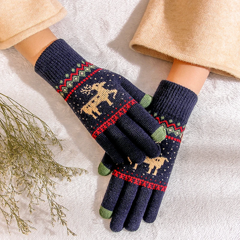 1 пара, Женские винтажные вязаные перчатки с рождественским оленем, утепленные перчатки с сенсорным экраном, зимние теплые варежки с изображением снежного лося, полный палец, рождественский подарок