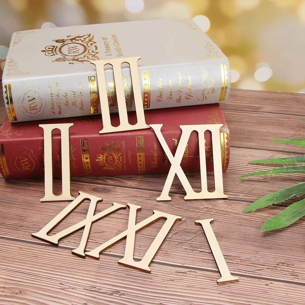 12Pcs/Set 7cm Roman Digital Wooden Clock Accessories Roman Numerals Wood Chip Clock Parts DIY Laser Cut Crafts For Home Decor
