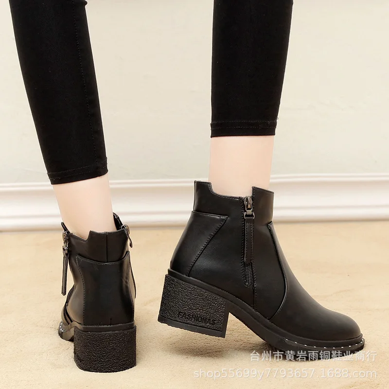 

2019 Autumn New Style Hide Substance Low-Top Square Heel Short Boots Women's Star Celebrity Style Fashion WOMEN'S Ankle Boots Wo