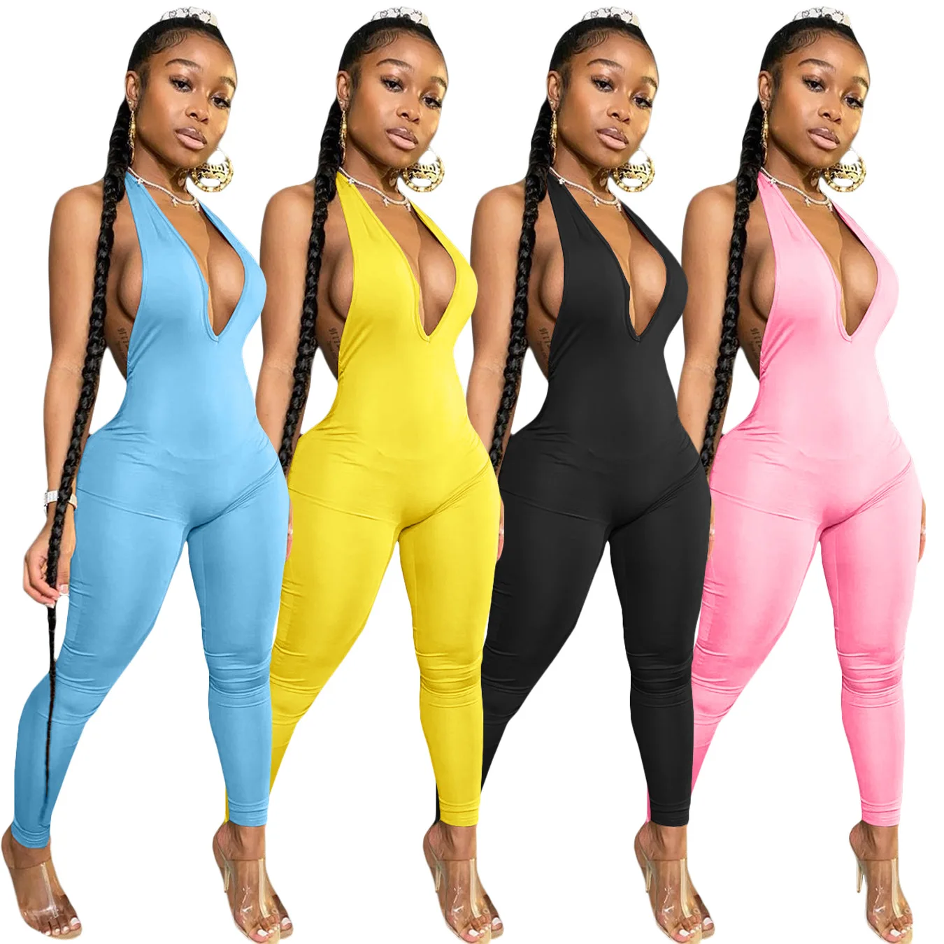 

Sexy Solid Color Backless Deep V-Neck Halter Women Jumpsuit 2020 Summer European and American New Rompers Bodysuit
