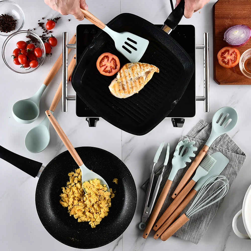 13PCS Silicone Kitchen Tools Cooking Sets Soup Spoon Spatula Non-Stick  Shovel With Wooden Handle Special Heat-Resistant Design - AliExpress