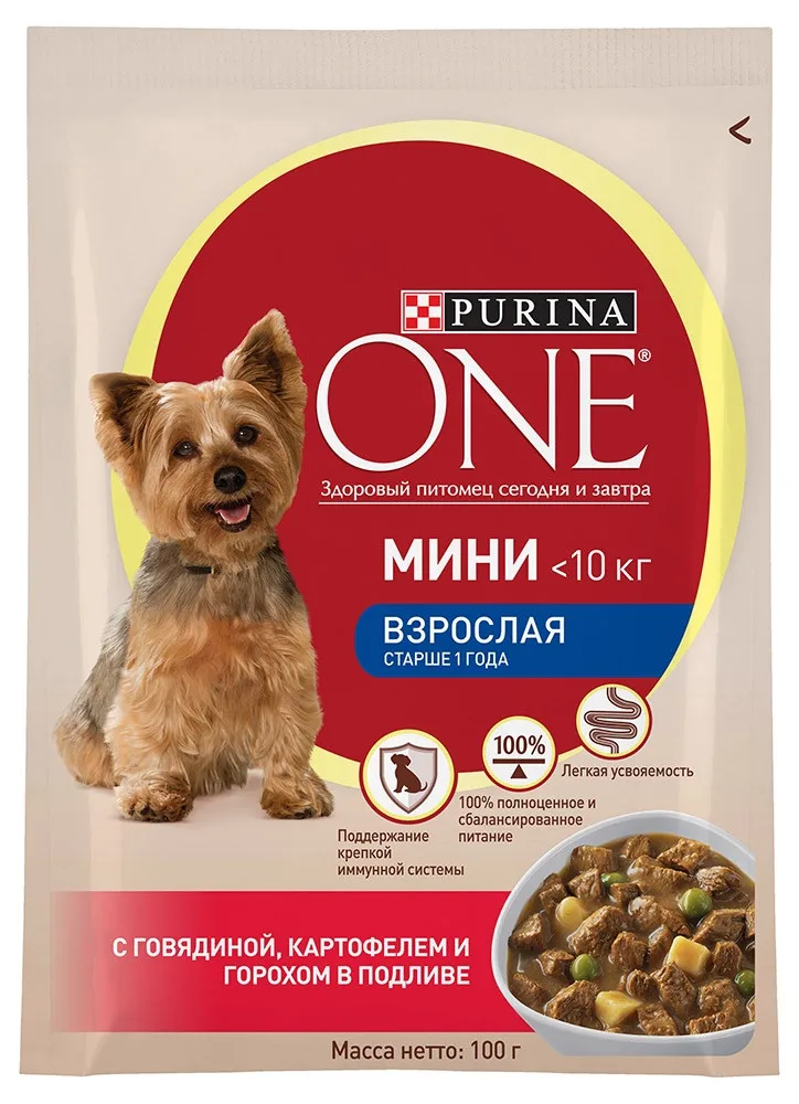 Влажный корм для собак мелких пород Purina ONE МИНИ Взрослая с говядиной, картофелем и горохом в подливе, Пауч, 100 г(24 шт