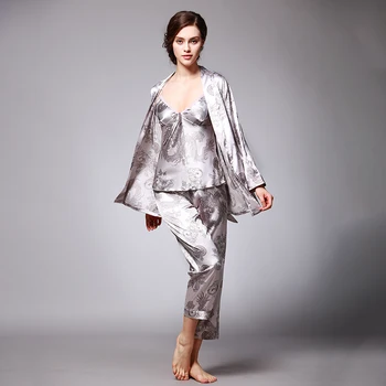 

Satin Silk Pajamas For Women's Set Pyjamas Sleepwear Home Wear Pijama Nightie Nightwear Shirt Pants 3Pcs