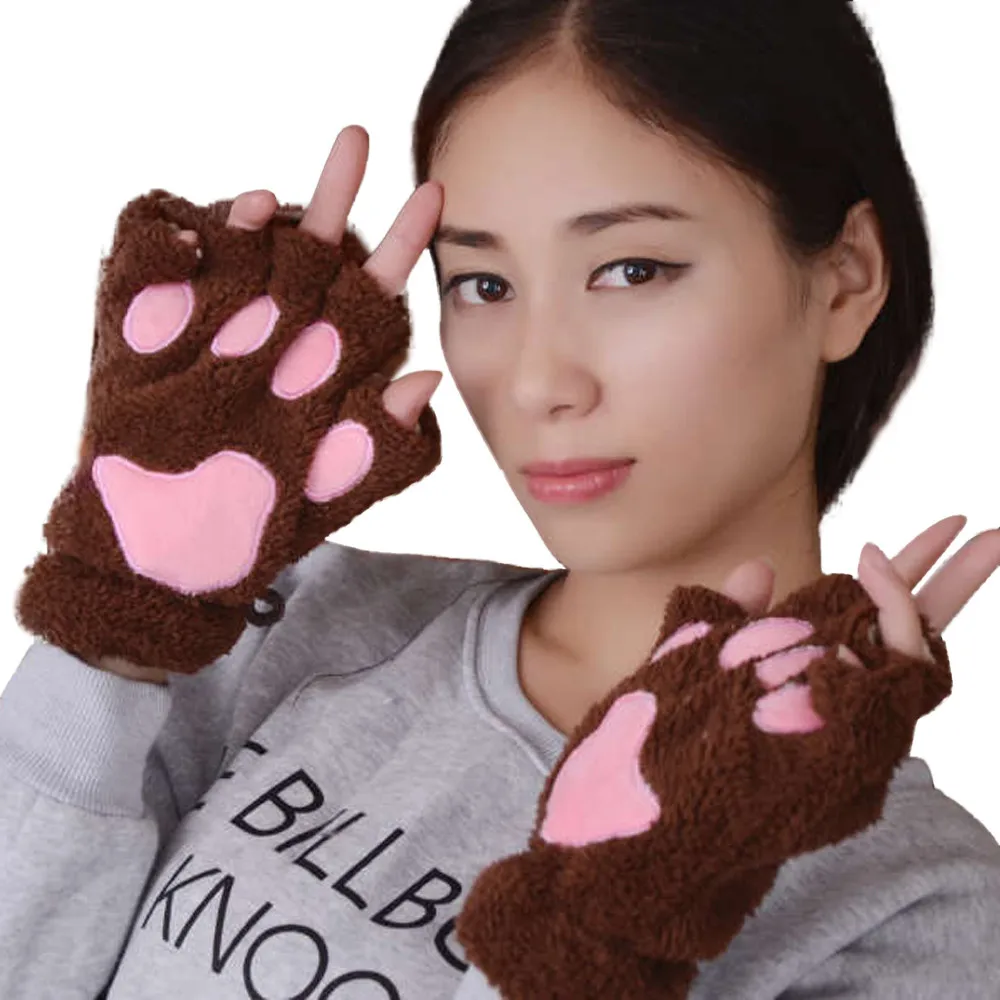 Женские бархатные утепленные теплые перчатки на половину пальца, милые кошачья лапа с когтями, плюшевые варежки, мягкие перчатки на половину пальца#45 - Цвет: Coffee