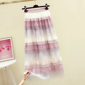 

Fairy Colorful Mesh Skirt Women Rainbow Gradient Mesh Layer Cake Skirt High Waist Slim Long Skirts Girls Ladies Jupe Mujer