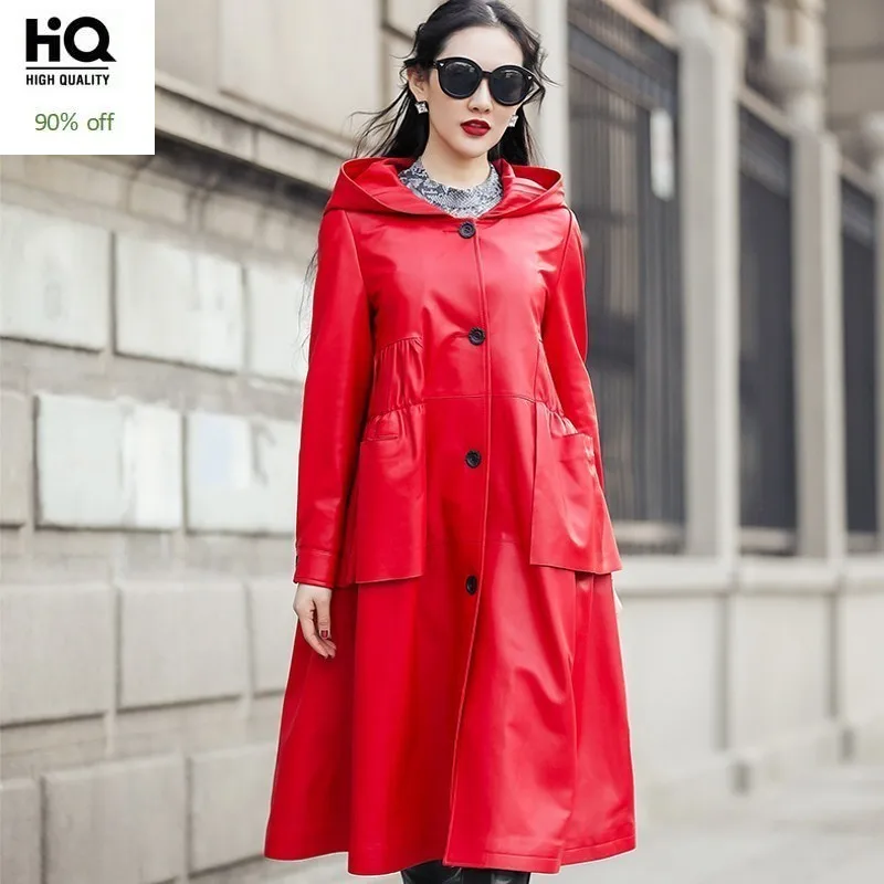 

Designer New Genuine Leather Woemns Cloak Loose Hooded Coats Long Sleeve Single Breasted Sheepskin Medium Length Trench Coats