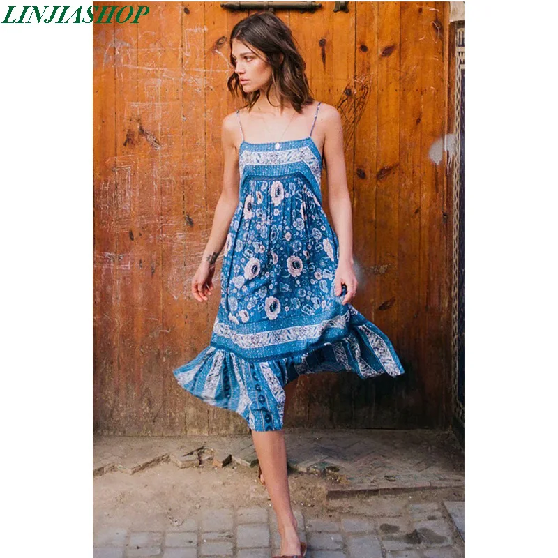 

Elegant blue ruffles dresses slash neck sleeveless A line natural waist pleated plus size bloggers print boho dress