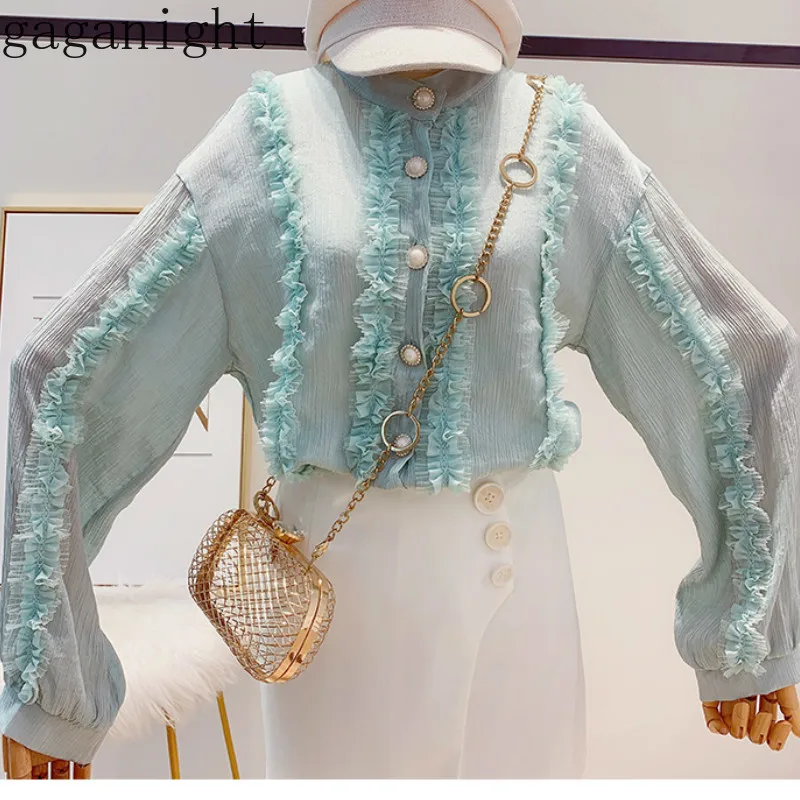 Gaganight Ruffles Fashion Women Blouse Long Sleeve Chic Solid Elegant Shirt Office Lady New Chiffon Thin Spring Summer Blusas |