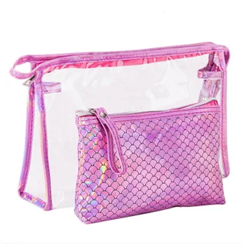 

2pcs Portable Travel Cosmetic Bags Fish Scales Makeup Organizer Large Capacity Toiletry Pouch Purse J9