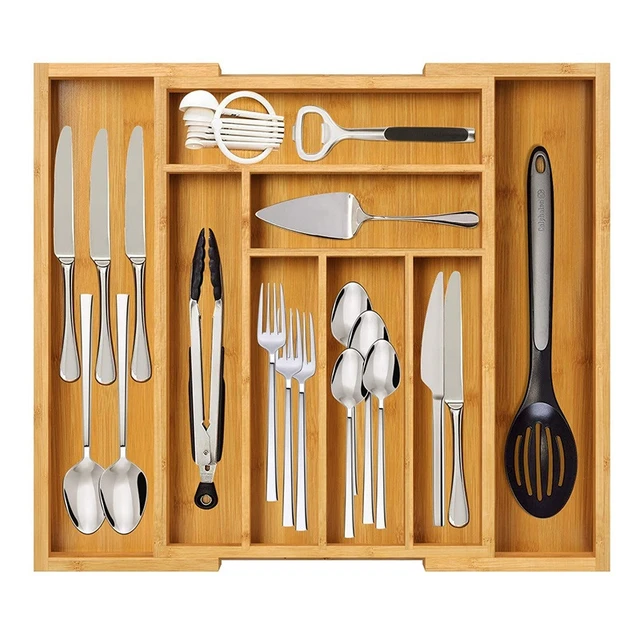 Pristine Bamboo Organizador de cubiertos – Organizador de cajones de cocina  y organizador de utensilios – Bandeja de cubiertos – Soporte para