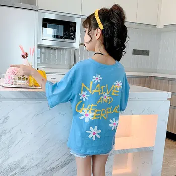 

2020 New Summer Children's Clothes Set High Quality Cotton Short Sleeve Floral T Shirt Pearl Shorts Baby Girls Denim Clothes Set