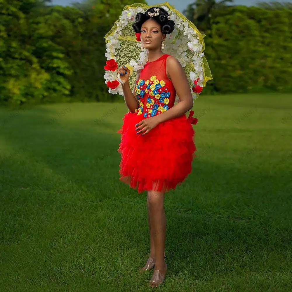 Chic Red Mini Tulle Dresses Women 2020 Sexy With Flower Appliques O-Neck Sleeveless Short Party Tulle Dress Girls Custom Made