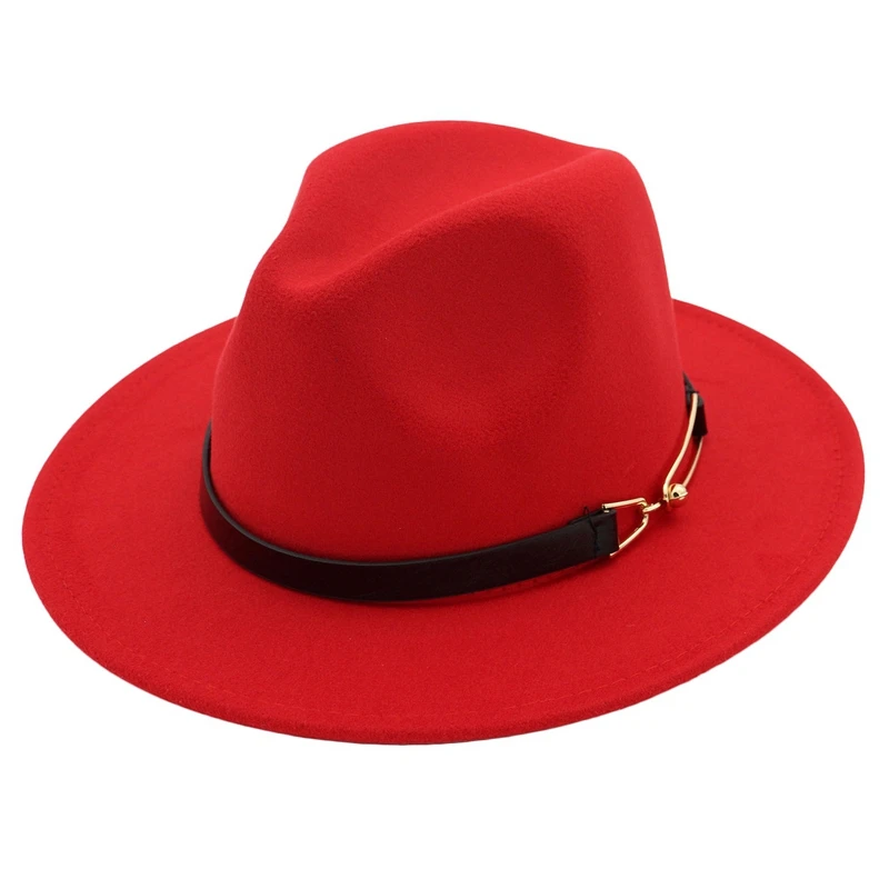 Red Женская Фетровая Шляпа Fedora, зимние шляпы с широкими полями, осенняя мода, женская шляпа из имитации шерсти, мужская фетровая шляпа - Цвет: Red