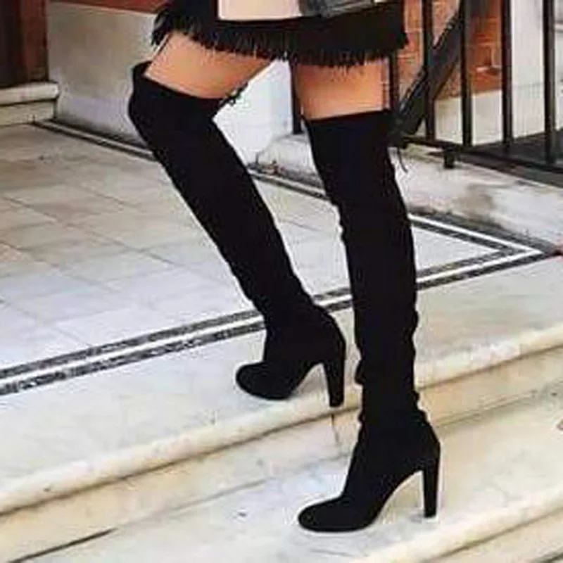 Litthing/женские облегающие высокие сапоги; модные замшевые женские сапоги выше колена на высоком каблуке со шнуровкой; модель года; большой размер 43 - Цвет: black