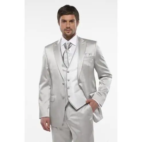 

Classic business fashion custom light gray suit men's slim Custom Made Slim Fit Groom Tuxedos Silver Gray Groomsman 3 piece set