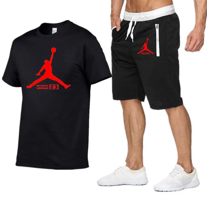 JORDAN 23 спортивный костюм с принтом футболка+ шорты модные тенденции в Фитнес хлопок брендовые футболки для мужчин бодибилдинг одежда M-XXL - Цвет: black