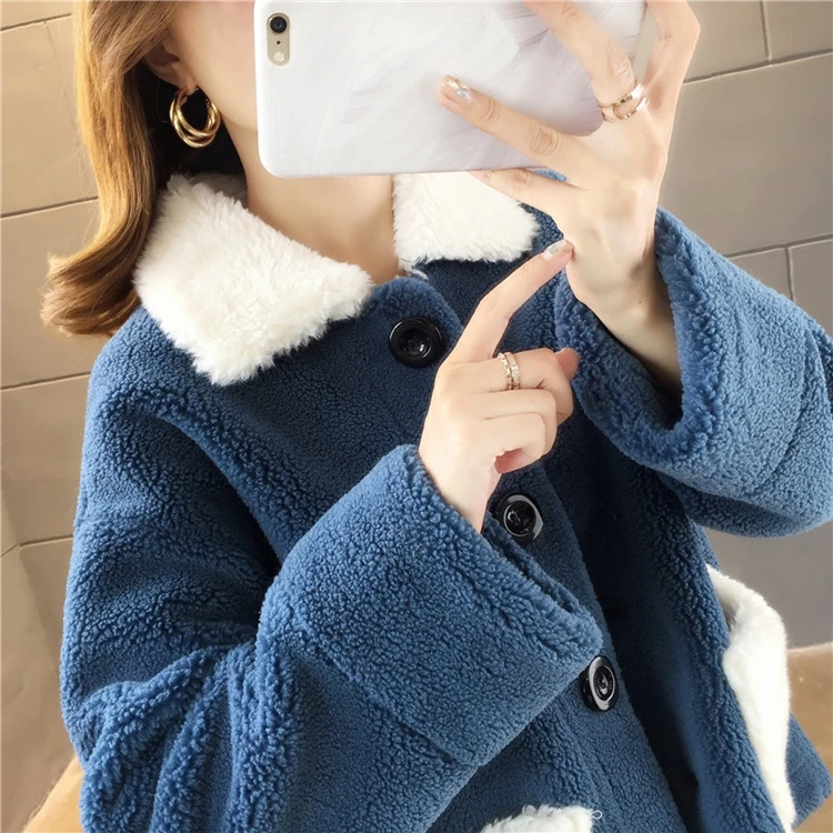 Шерстяное пальто куртка Женский гранулы овечья стрижка мягкий мех зима розовый белый синий хаки осень Dongdaemun короткий свободный ягненок