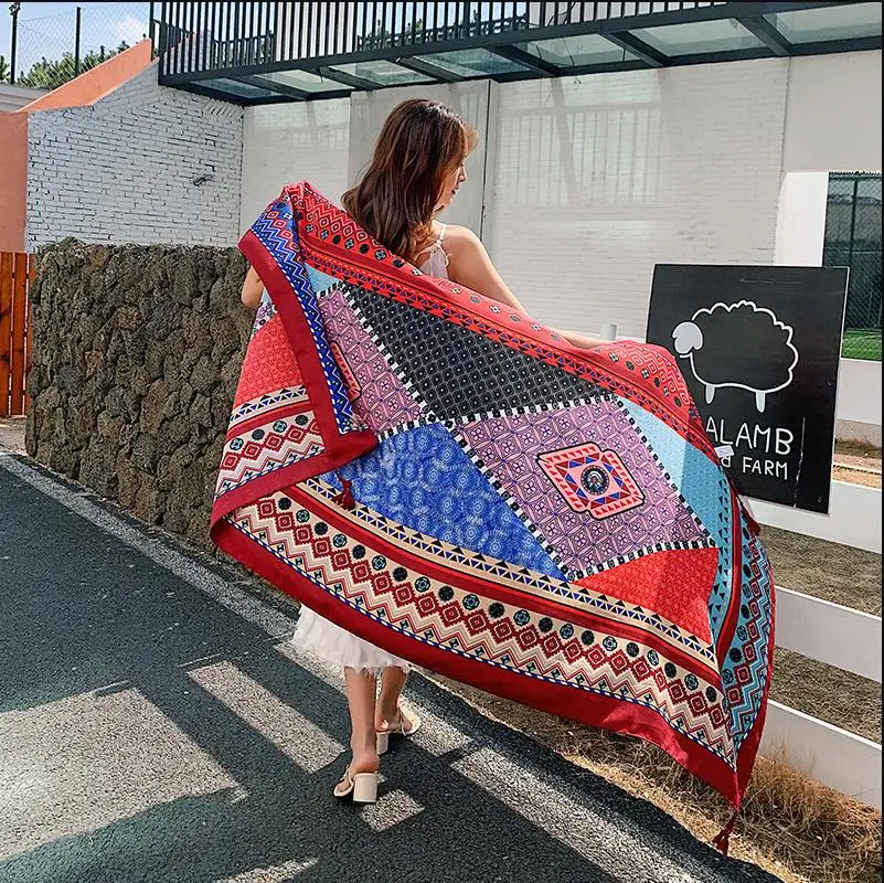 

Новый бренд Ретро Национальный Стиль шаль пашмин для женщин Геометрическая Печать Обертывания шарф Солнцезащитная кисточка пончо прямоугольные шарфы