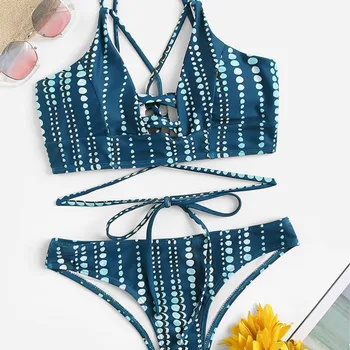 

1 Set 2Pcs Wave Point Comfortable Bathing Suit Thin Strap Bra for Ladies
