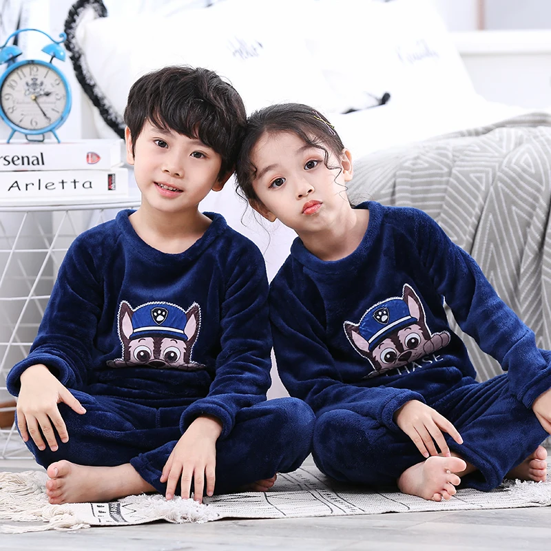 Online 2019 pijamas de lana de invierno para niños espesar la ropa de dormir de franela caliente para niñas ropa de dormir de lana de Coral pijamas para niños Camiseta larga + pantalón