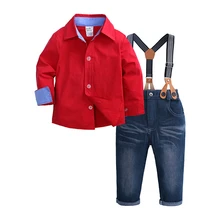 Официальная осенняя одежда для мальчиков; Infantil; рубашка с длинными рукавами; штаны на подтяжках; Ropa; комплекты детской одежды