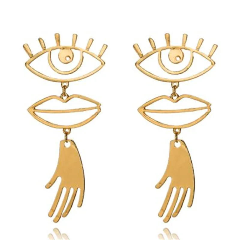 

WKOUD Shiny Side Fashion Brand Jewelry Gold Color Eye Lips Earrings for Women Unique Hand Gift Earrings