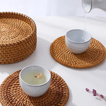

1PC Round Natural Rattan Cup Mats Handmade Insulation Placemats Table Padding Coasters Bowl Pad Kitchen Decoration Accessories