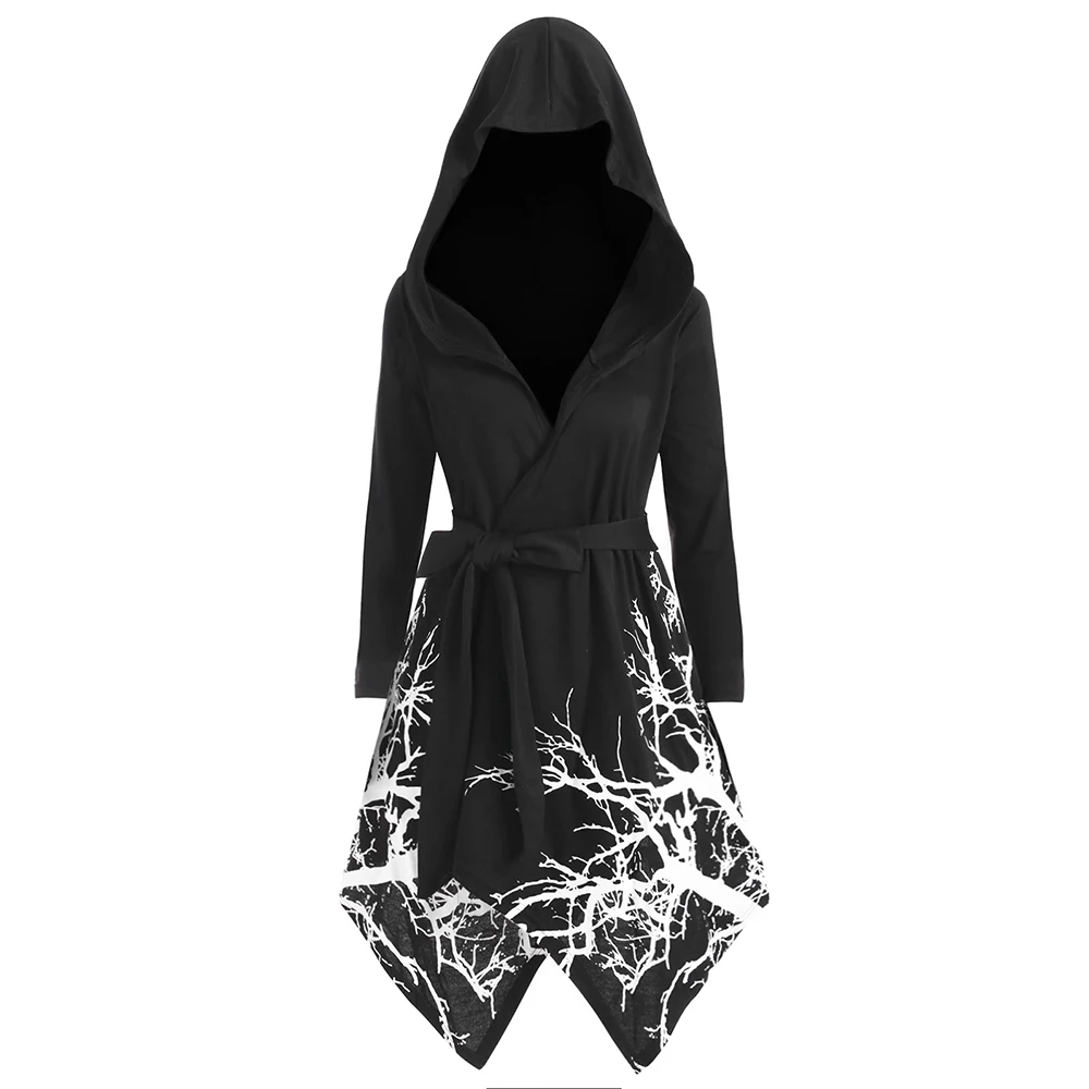 

ROSEGAL Plus Size Handkerchief Tree Print Halloween Coat Women Big Size Gothic Hooded Gigh Waist Belt Long Winter Outwear 2019
