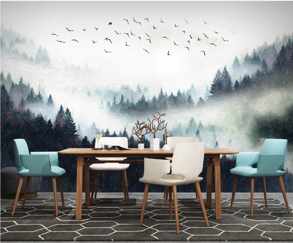 Custom mural wallpaper 3D hand-painted new Chinese pine forest cloud bird bedroom living room TV background wall mural