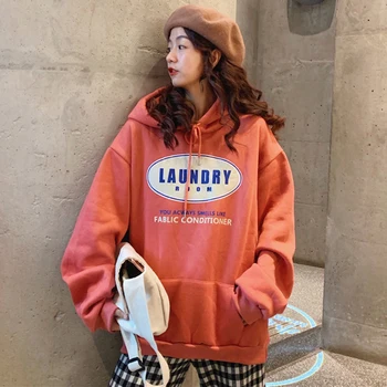

Letter Print Sweatshirt Women Pink Hoodies Harajuku Clothes Pullover Plus Size Hooded Korean Cotton Casual Streetwear Top W163