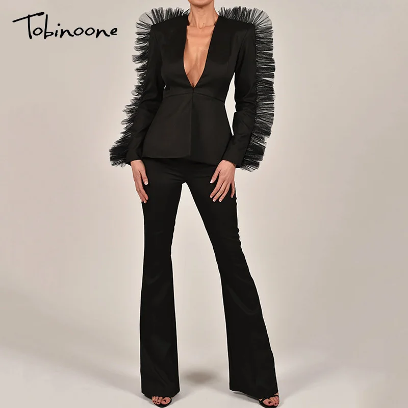 Tobinoone рабочие брючные костюмы OL комплекты из 2 предметов двубортный Блейзер куртка и брюки на молнии костюм для женщин комплект Feminino осень