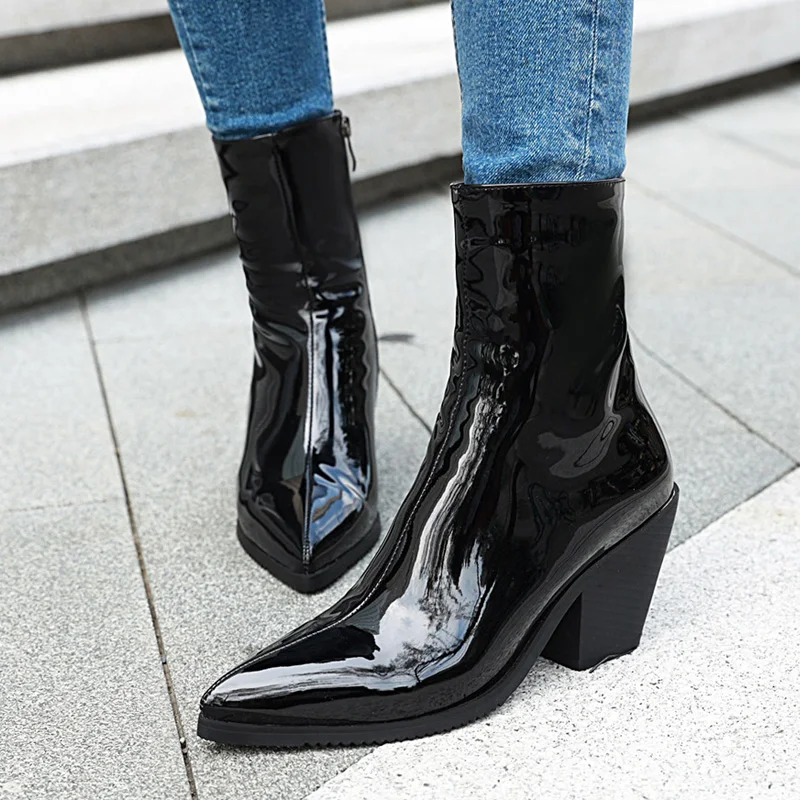 

AIWEIYi High Heels Shoes Woman Patent Leather Pointed Toe Female Ankle Boots Platform Women Shoes Female Winter Footwear Shoes