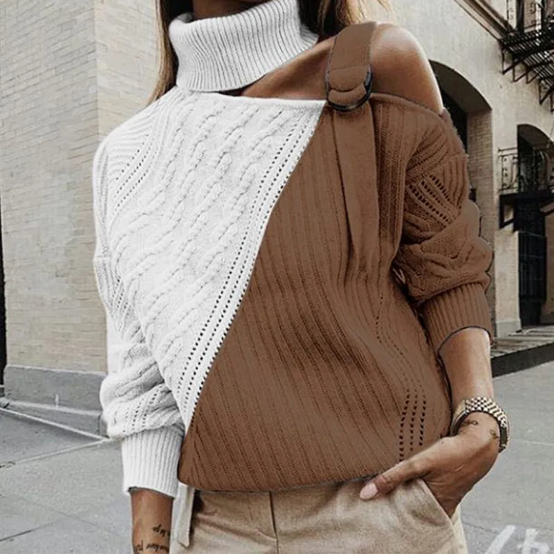 Вязаные скрученные свитера женские с открытыми плечами водолазки, свитера, пуловеры с отверстиями для женщин осенне-зимний женский пуловер - Цвет: Brown HFC4286