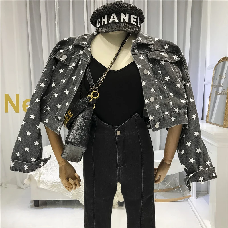 

Print Starts Denim Jackets Women High Street Turn-down Collar Single Breasted Cropped Jacket Wide-waisted Women Coat and Jacket