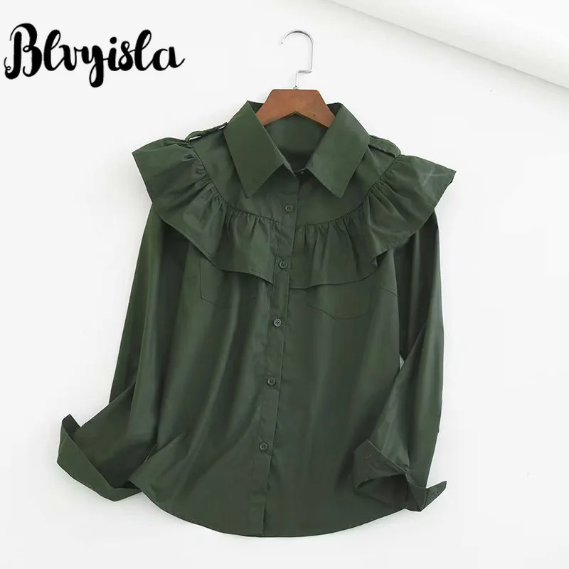 Blvyisla/новые зеленые рубашки с оборками и длинными рукавами Красивая стильная