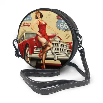 

Vintage Diner Route 66 Poster Round Crossbody Cell Phone Shoulder Bag Messenger Bags Fashion Daily Use For Women Wallet
