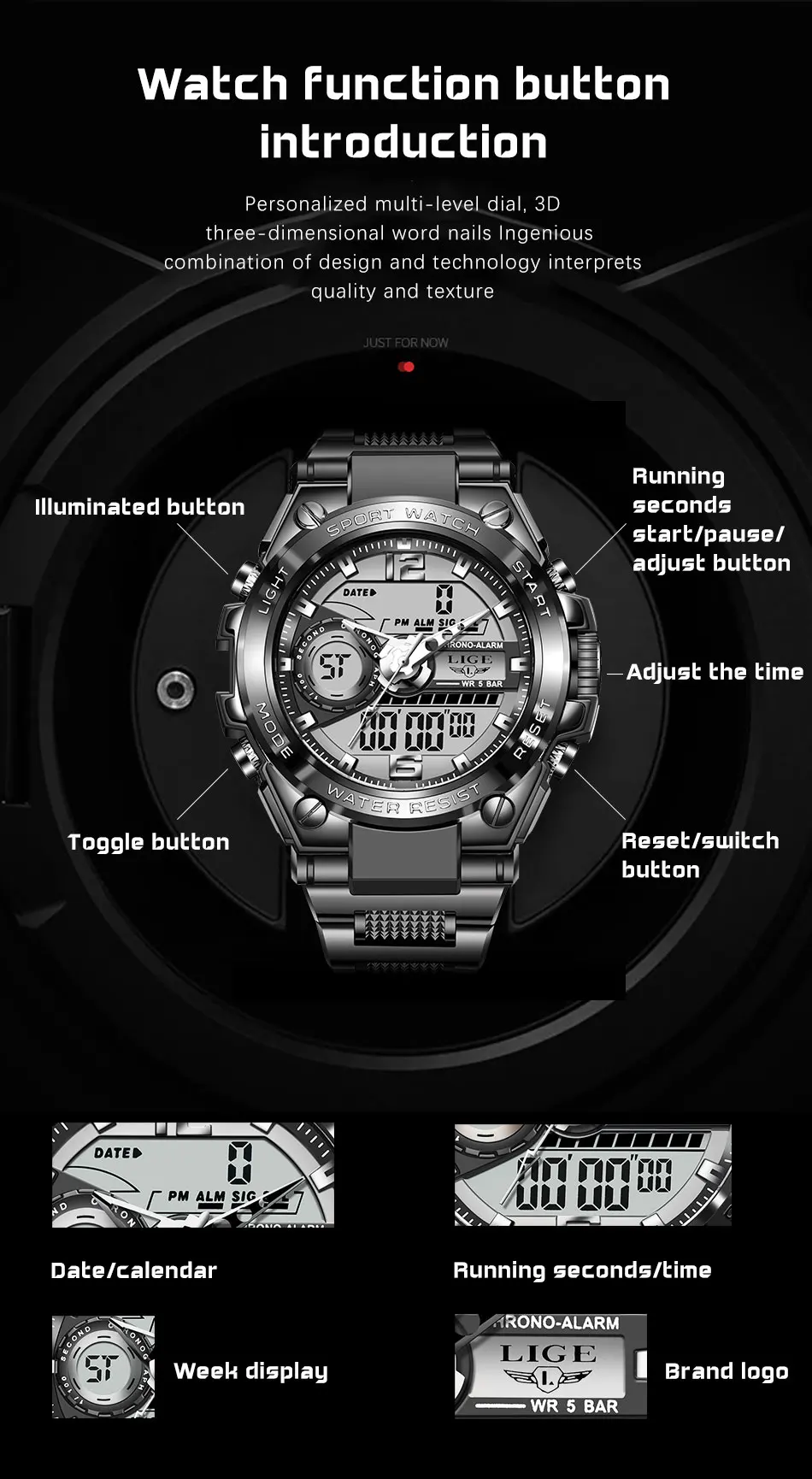 LIGE Men Military Watch Top Brand 50m Waterproof Wristwatch LED Alarm Clock Sport Watch Male relogios masculino Sport Watch Men