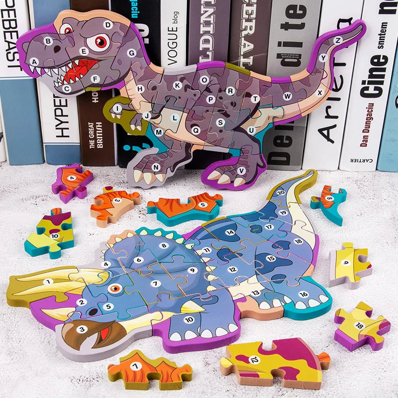 

High quality wooden dinosaur digital alphabet puzzle children's stereoscopic 3D Tyrannosaurus puzzle children's toys