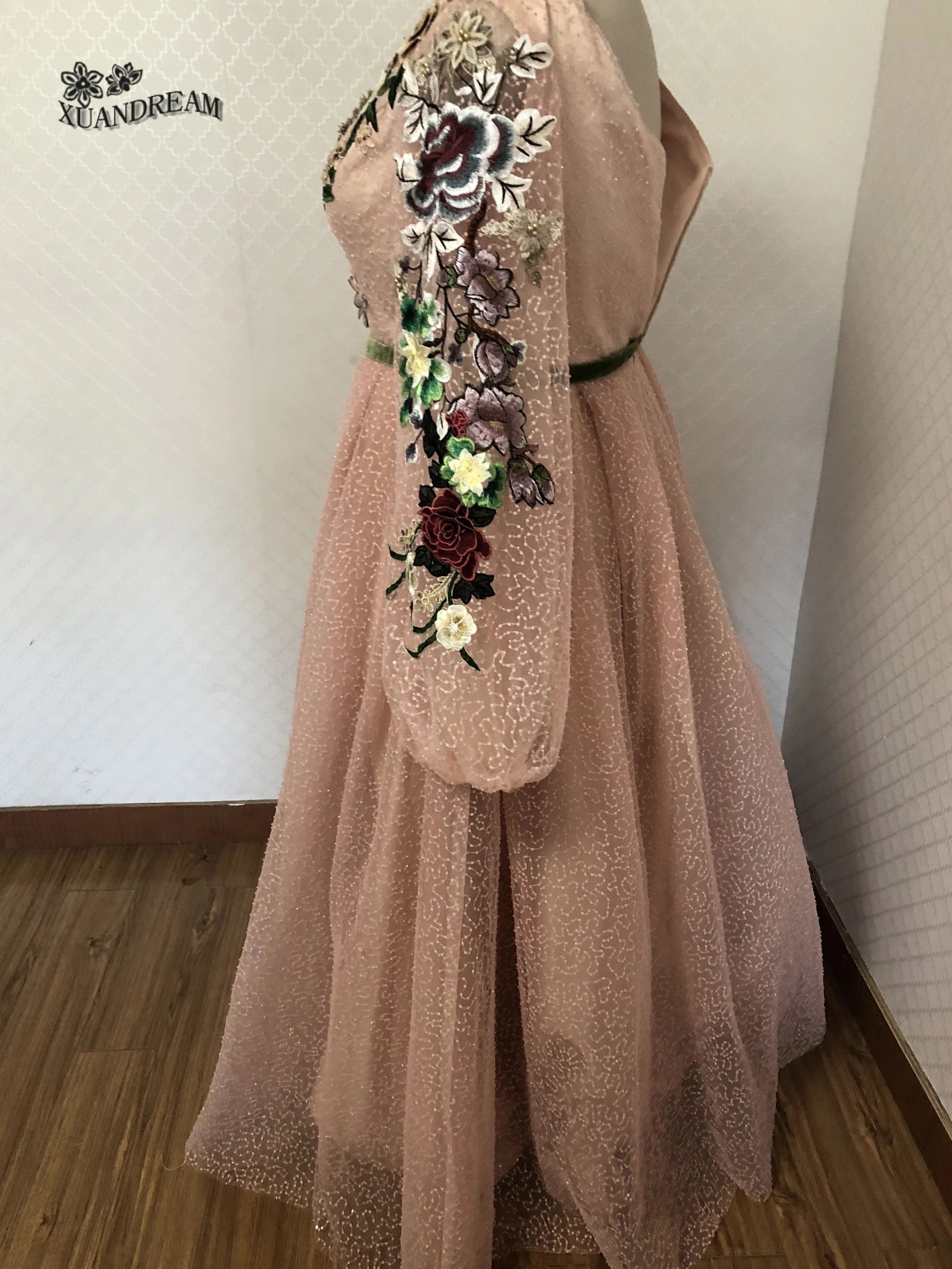 Высокое качество плюс размер платье vestido sereia платье v-образный вырез аппликации кружева бусины в форме цветов с длинными рукавами вечернее платье