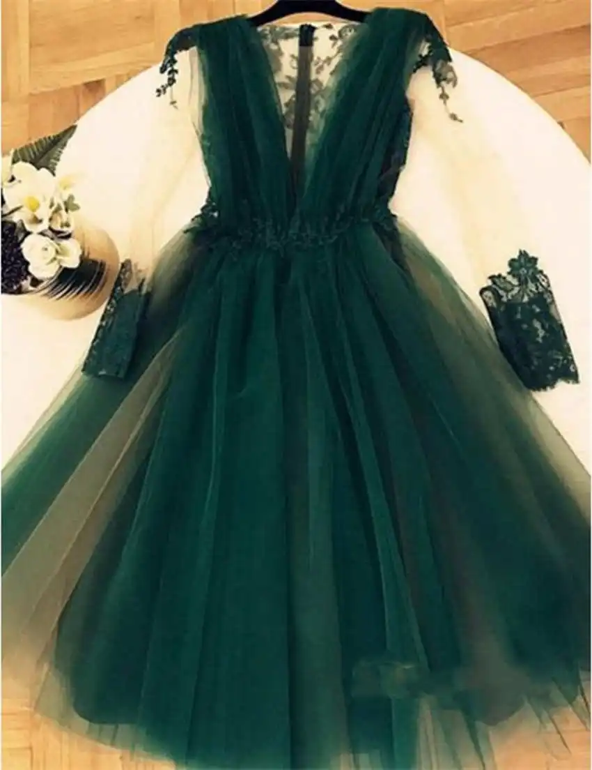 as picture Vestidos de graduacion, Зеленый Тюль, глубокий v-образный вырез, иллюзия, сзади, до колен, настоящая фотография, для выпускного вечера, свадебные платья - Цвет: as picture