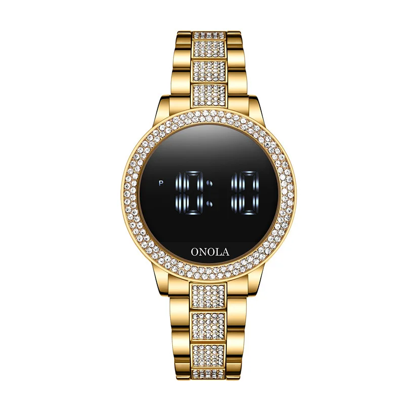 Fashion full diamond touch screen Led display ladies waterproof steel band quartz movement electronic watch business watch 