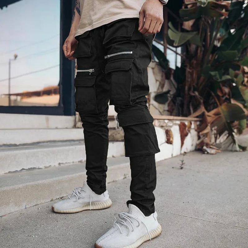 High Street Cargo Pants Men Zipper Big Pocket Mens Casual Slim Fit Workout Trousers Solid  Harajuku Sweatpants Sportswear 2021 cargo pants for men