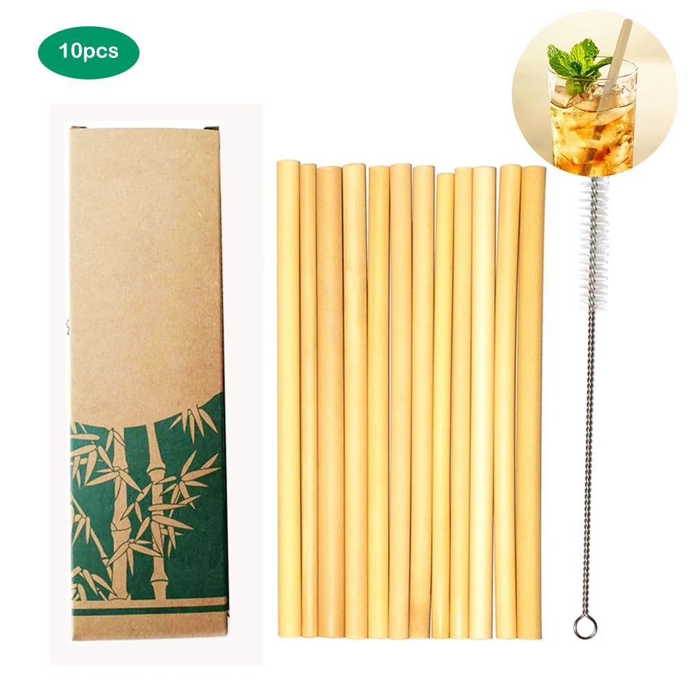 10pcs/Set Bamboo Drinking Straws Reusable Eco-Friendly Party Kitchen + Clean Brush For Birthday Wedding Bar Accessories | Дом и сад