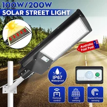 Lámpara farola Solar LED de pared con Control remoto para jardín, iluminación exterior de 100W/200W, IP67, con Radar remoto alimentado por energía Solar