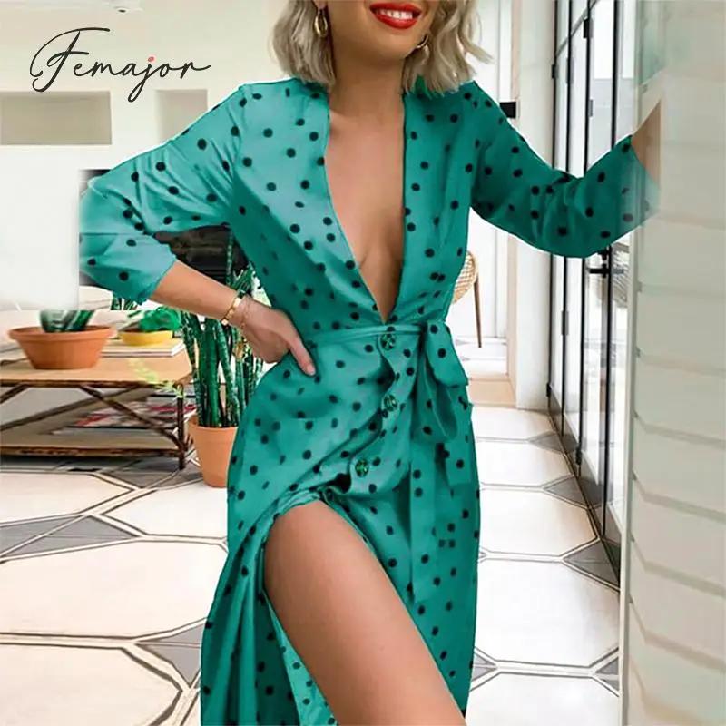 

Femajor Fall 2019 Women Fashion Polka Dot Wrap Party Dress Female Vintage Sexy V Neck Green Sashes Bow Dress Ladies Slit Dress